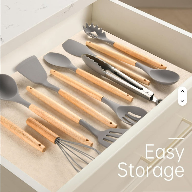 11-Piece Non-Stick Silicone Kitchen Utensils Set with Wooden Handles view 4 for kitchen organization and cabinet storage