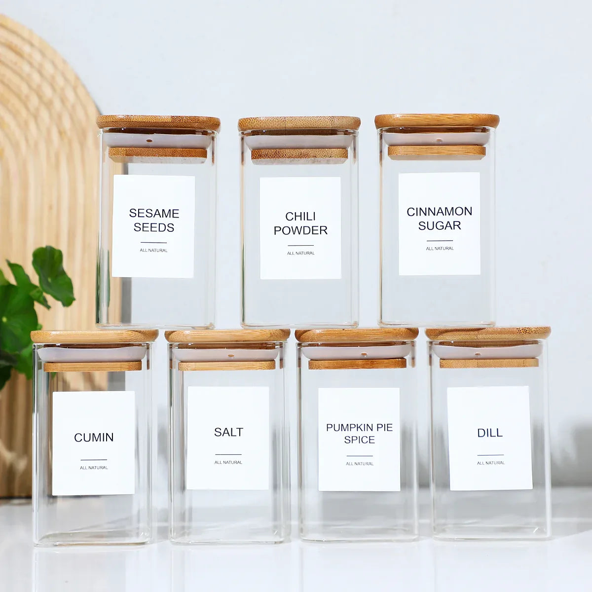 12-Piece Square Spice Jar Set with 72 Labels | Glass Kitchen Seasoning view 2 - pantry food storage and kitchen organization