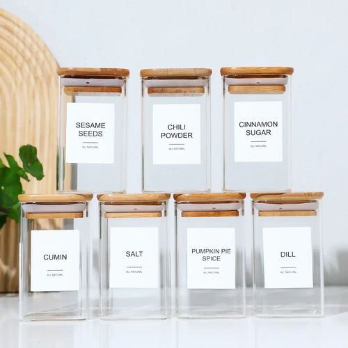 12-Piece Square Spice Jar Set with 72 Labels | Glass Kitchen Seasoning view 2 - pantry food storage and kitchen organization