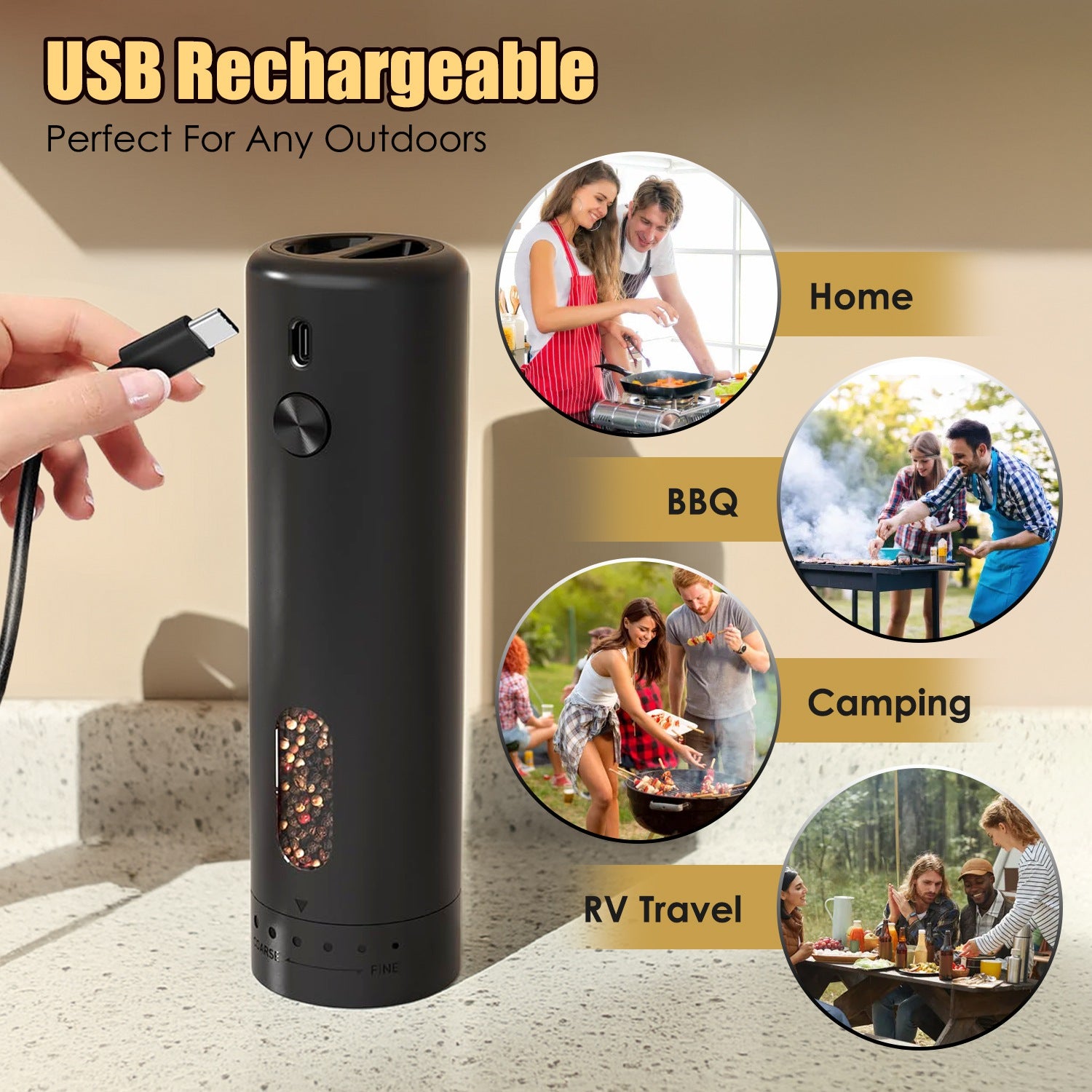 USB Electric Pepper Grinder with LED Light - 6 Levels