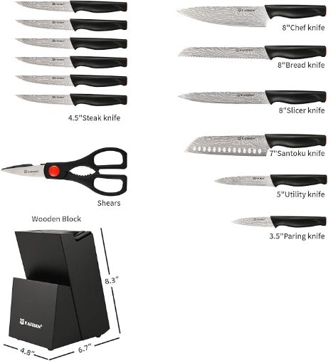 15-Piece Kitchen Knife Set with Block | Damascus Pattern, High Carbon Steel view 5 - kitchen organization and cabinet storage