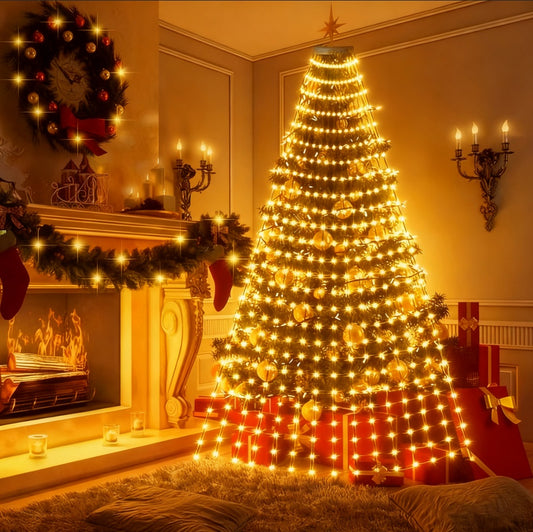 Warm-white strands draped around a Christmas tree