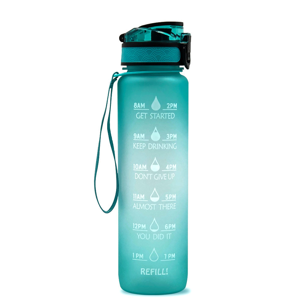 Teal water bottle with motivational time markers on a white background