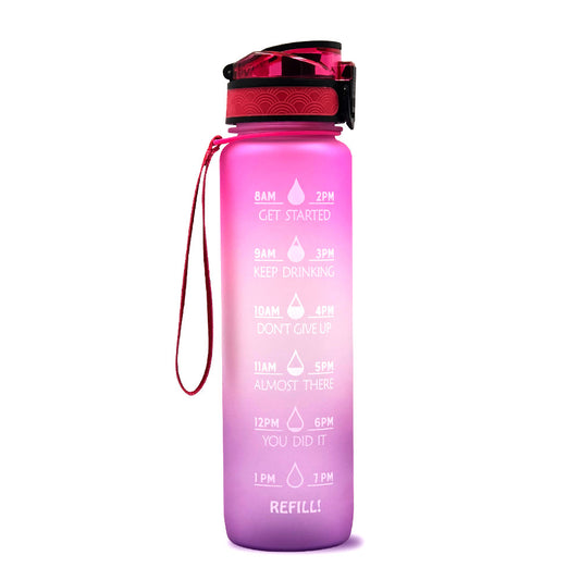 Pink and purple water bottle with motivational markings on a white background