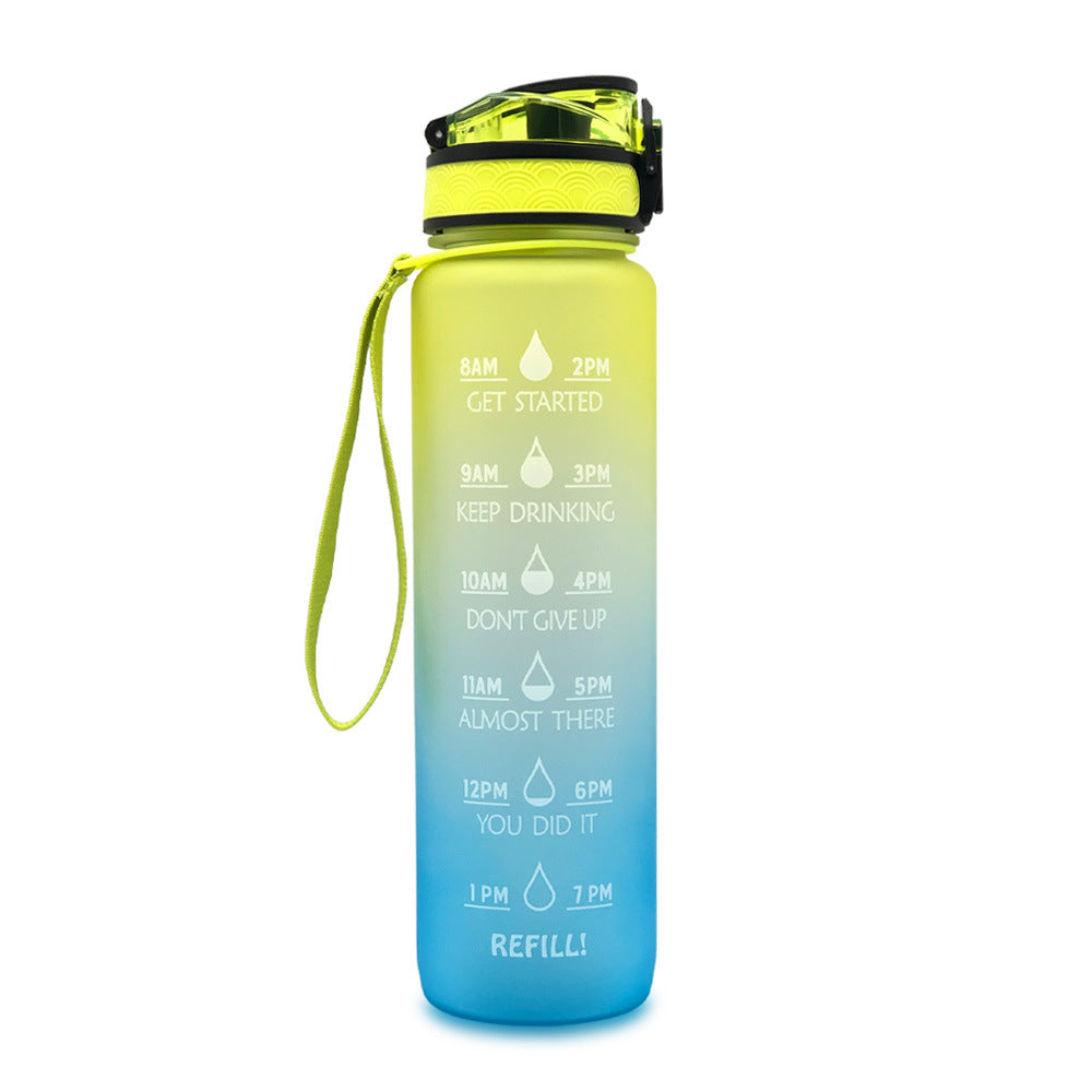 Gradient water bottle with motivational time markers on a white background