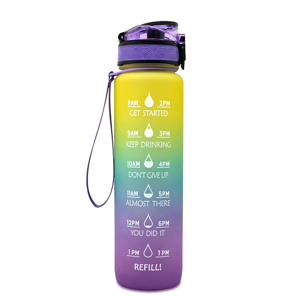 Gradient water bottle with motivational time markers on a white background