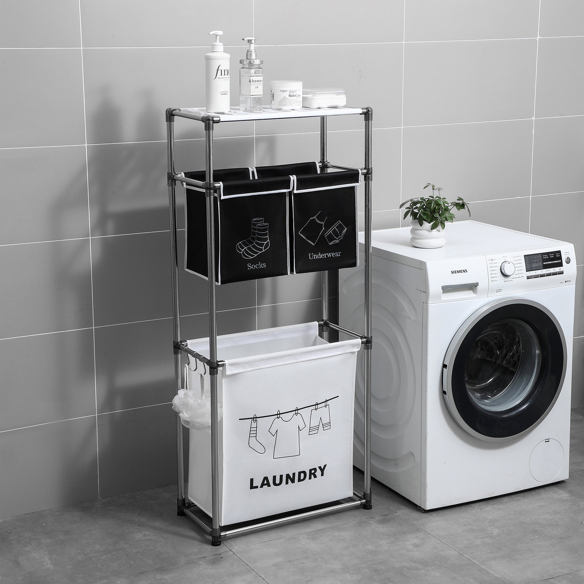 3-Tier Laundry Hamper Sorter | 4 Removable Bags, Wheels and Hooks for laundry room organization and clothes storage - SROYAS