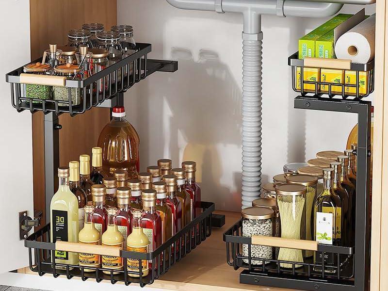 Under Sink Pull-Out Organizer – L-Shaped, 5-Level Adjustable Height-SROYAS -Color:1Pack Black