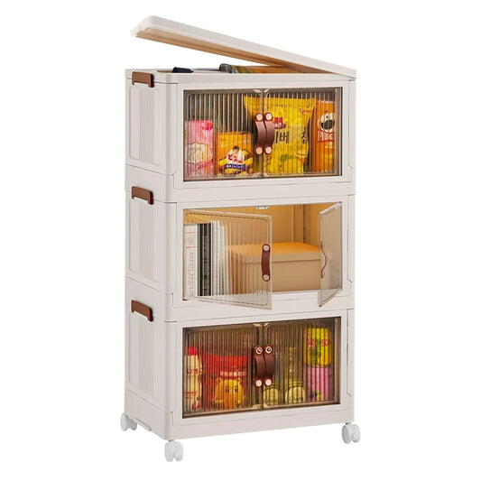 3-Piece Foldable Storage Bins with Lid, Wheels & Magnetic Door | Stackable Home Organizer-SROYAS 