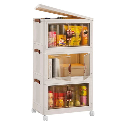 3-Piece Foldable Storage Bins with Lid, Wheels and Magnetic Door | Stackable Home Organizer for pantry food storage and kitchen organization - SROYAS