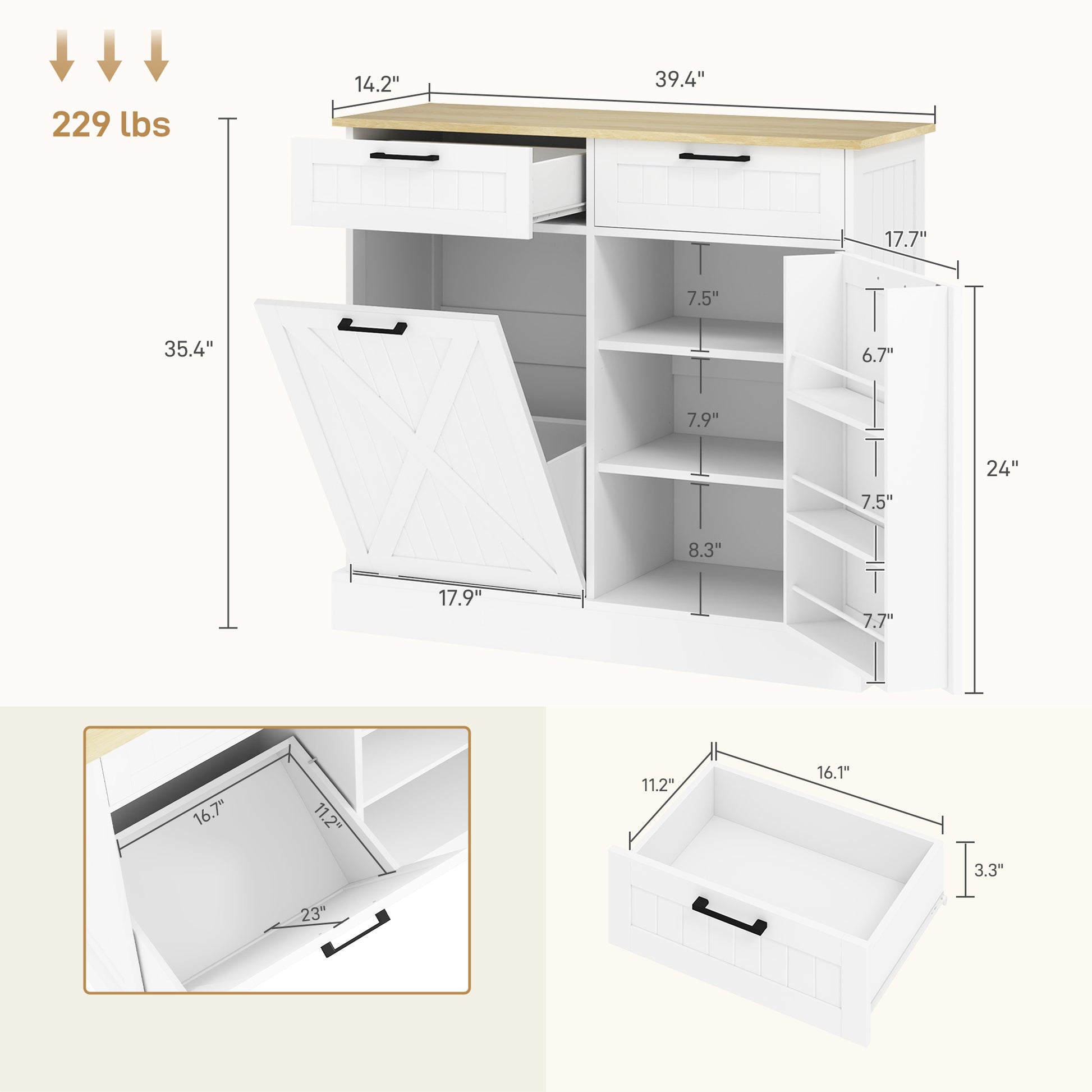 Farmhouse Tilt-Out Trash Cabinet with 3-Tier Spice Rack-SROYAS 
