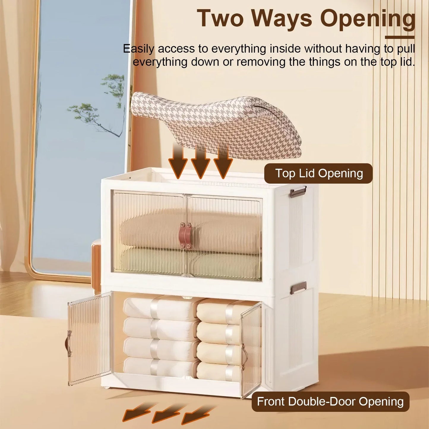 3-Piece Foldable Storage Bins with Lid, Wheels and Magnetic Door | Stackable Home Organizer for pantry food storage and kitchen organization - SROYAS