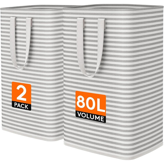 Two grey-striped laundry hampers with 80 L labels