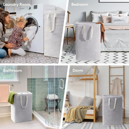 Hampers illustrated in laundry bedroom bathroom and dorm settings