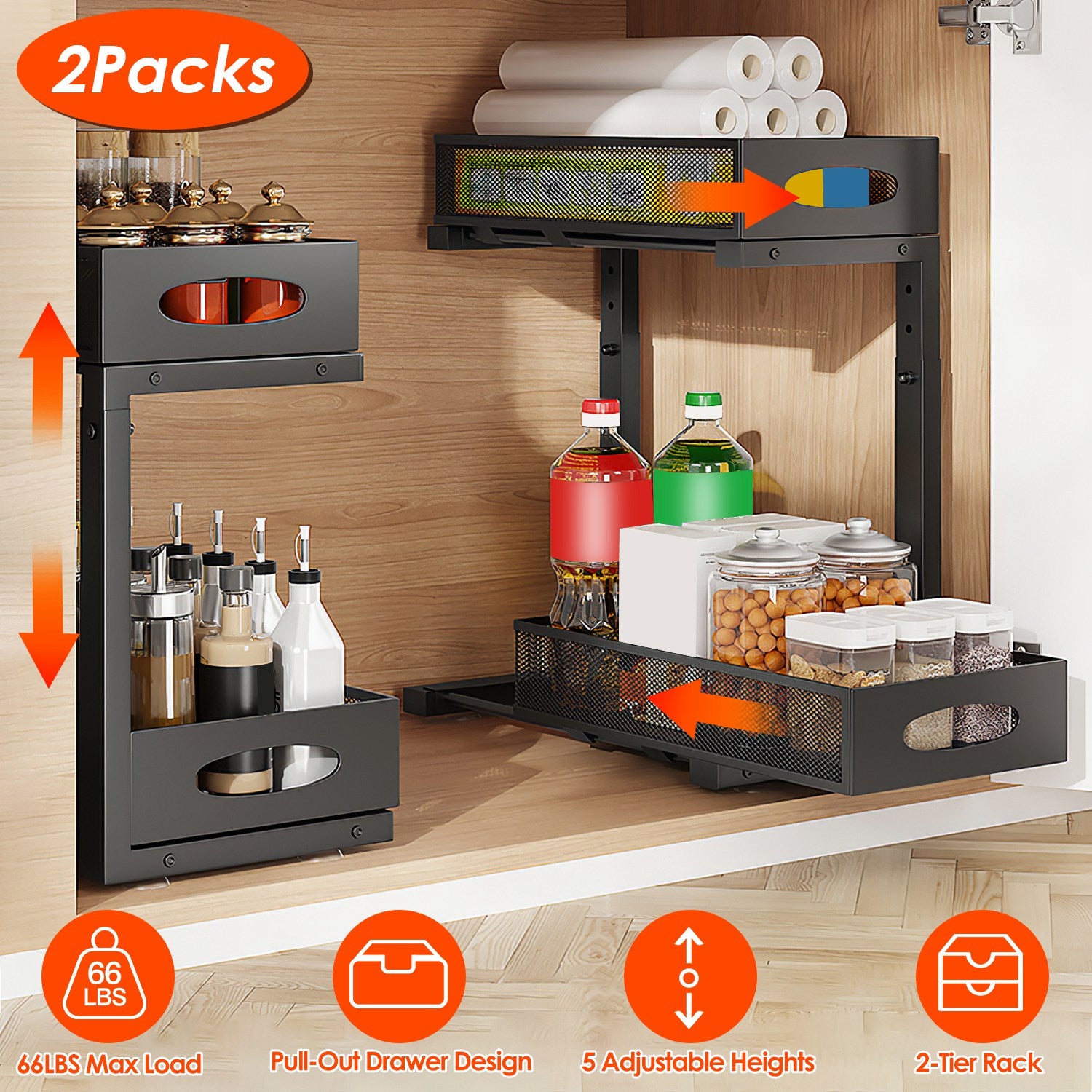 2 Pack of 2-Tier Pull-Out Under Sink Organizer with Sliding Baskets view 2 for bathroom organization and vanity storage