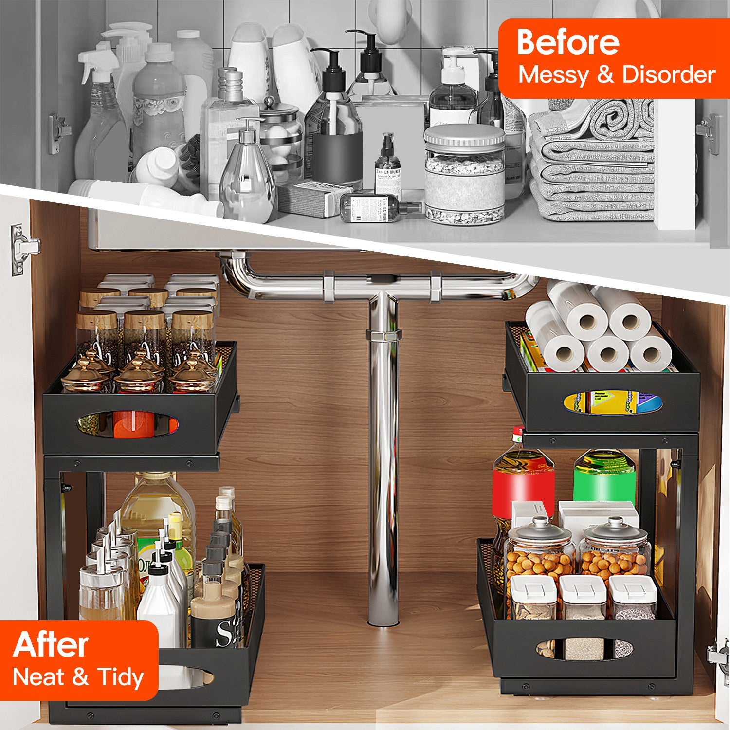 2 Pack of 2-Tier Pull-Out Under Sink Organizer with Sliding Baskets view 5 for bathroom organization and vanity storage