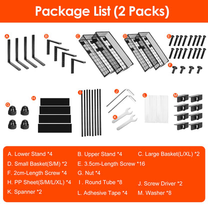 Two-pack organizer components and assembly tools package list