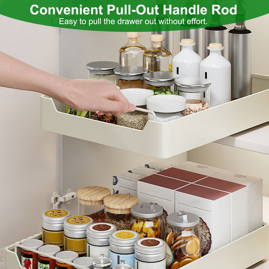 Hand pulling a white cabinet tray forwards