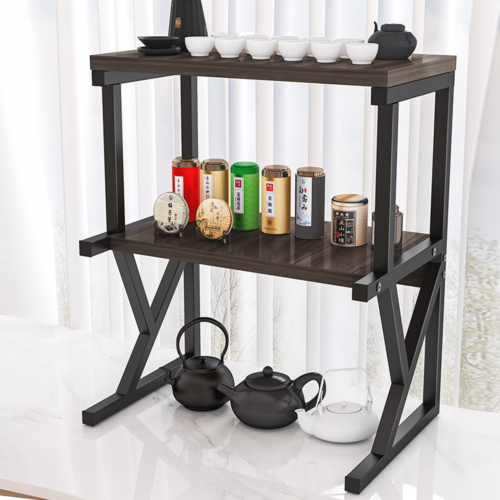 Two wood-look shelves in a black braced metal frame