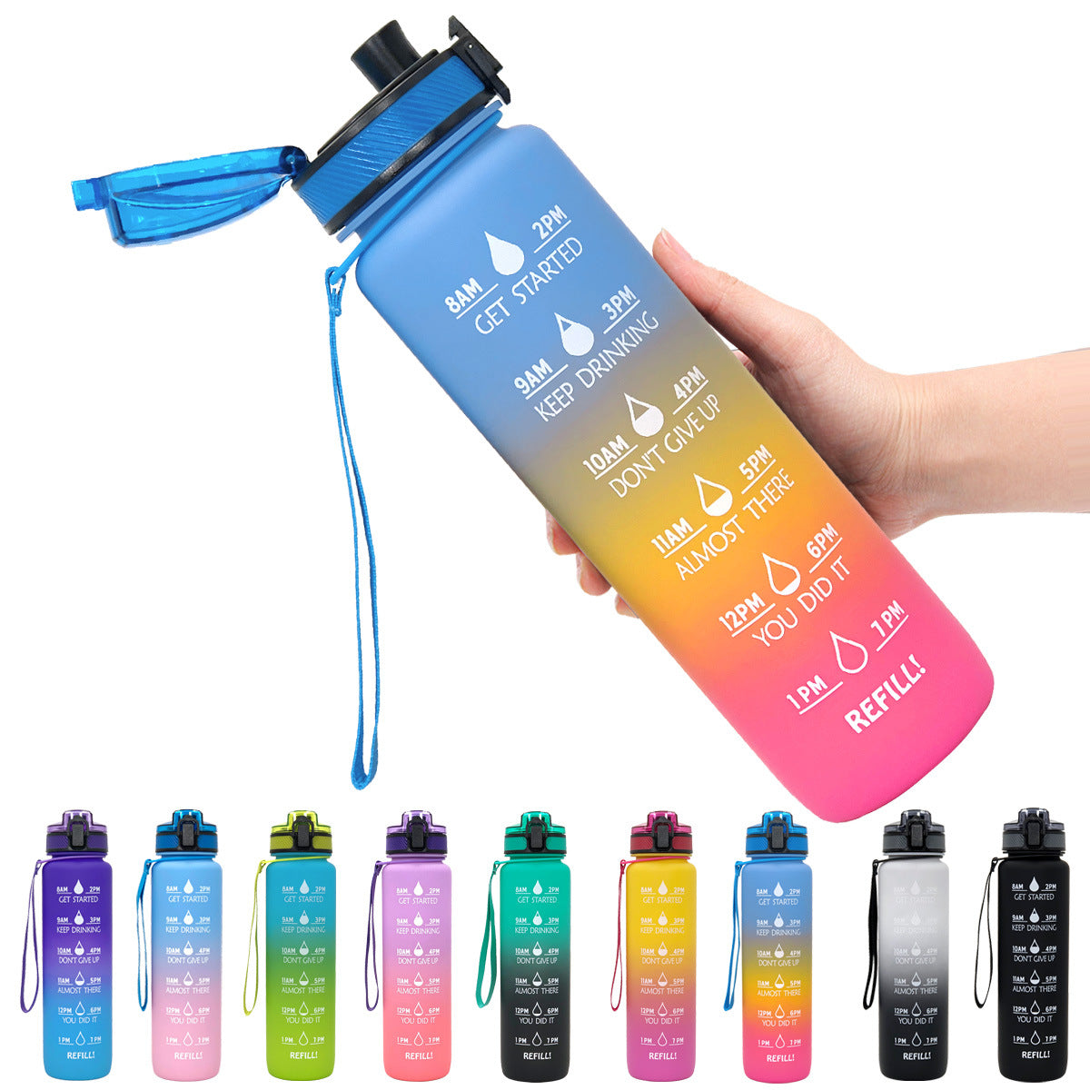 Motivational Water Bottle 1L with Time Marker - BPA Free