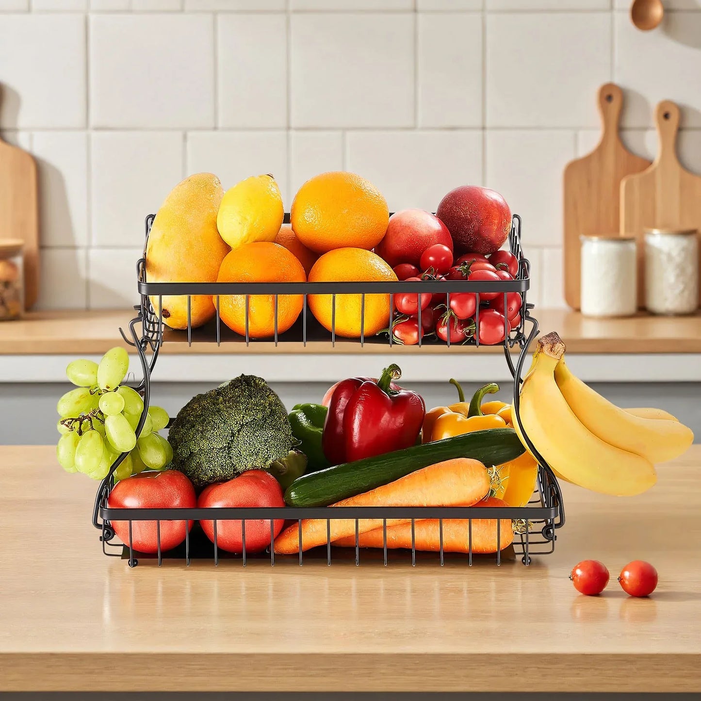 2-Tier Countertop Fruit Basket Stand with Banana Hanger-SROYAS 