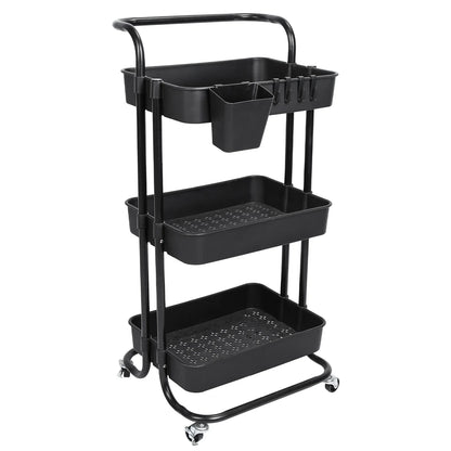 3-Tier Rolling Storage Cart – Mesh Baskets & Lockable Wheels-SROYAS -Color:Black