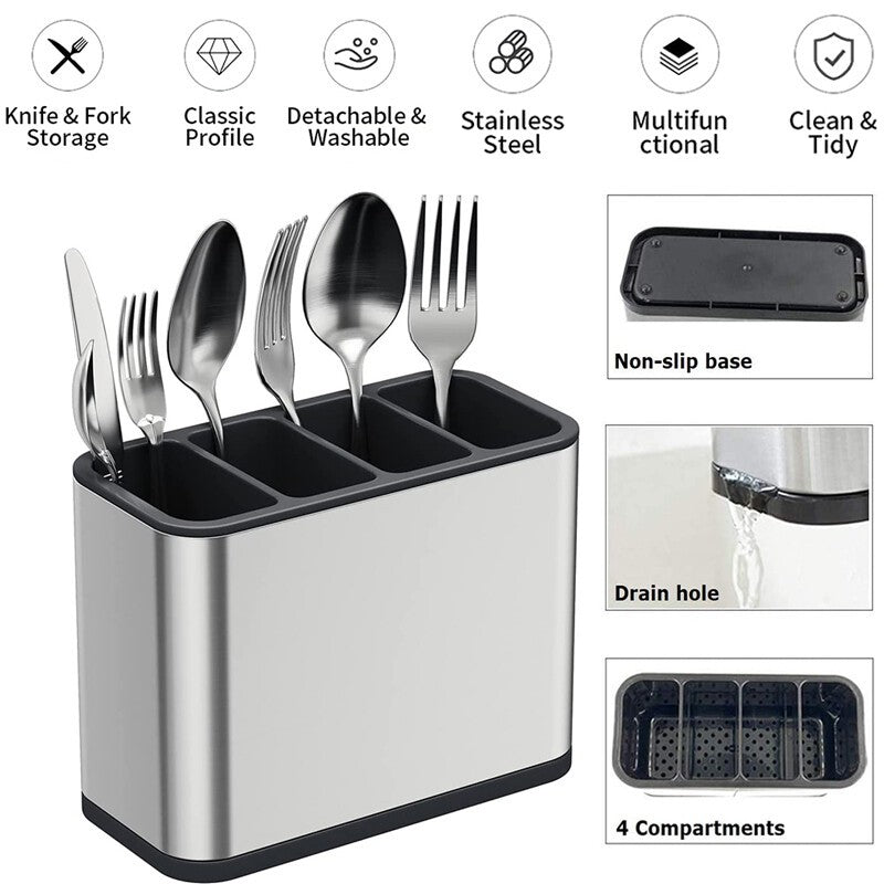 Stainless Steel Utensil Holder with 4 Compartments & Drain Base - product image 5 | SROYAS kitchen countertop organizer