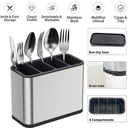 Stainless Steel Utensil Holder with 4 Compartments & Drain Base - product image 5 | SROYAS kitchen countertop organizer