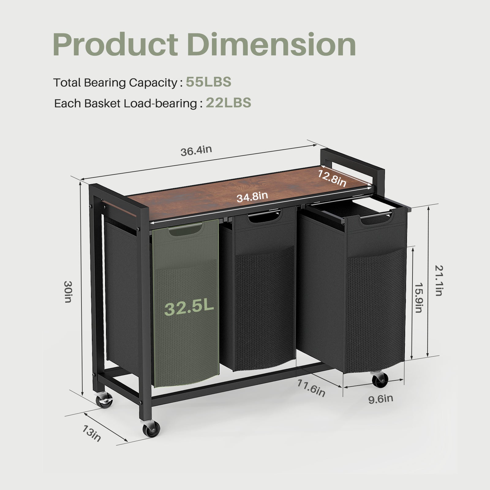 Laundry Hamper with Pull-Out Bags, Shelf and Wheels | 2 or 3 Basket Sorter for bathroom organization and vanity storage - SROYAS
