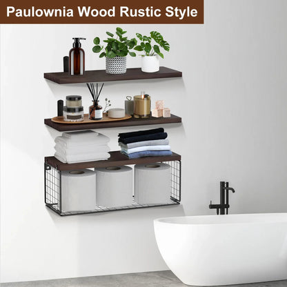 Rustic Floating Shelves with Iron Storage Basket | 3 Wood Shelves + Basket Wall Organizer-SROYAS -Color:Brown