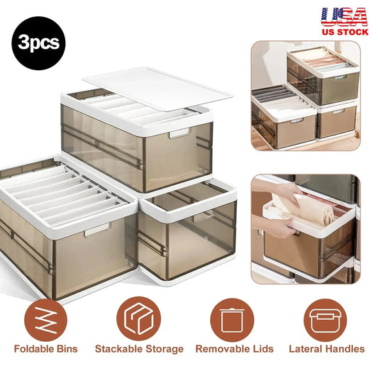 Three foldable brown storage bins with white lids and divider inserts