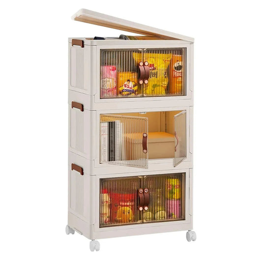 Three stacked storage bins with top lid raised and front double doors open