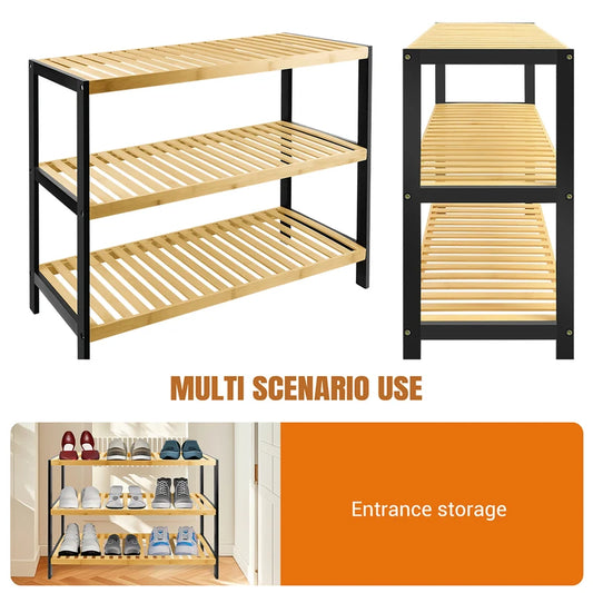 Three-tier bamboo-and-metal rack front and side views