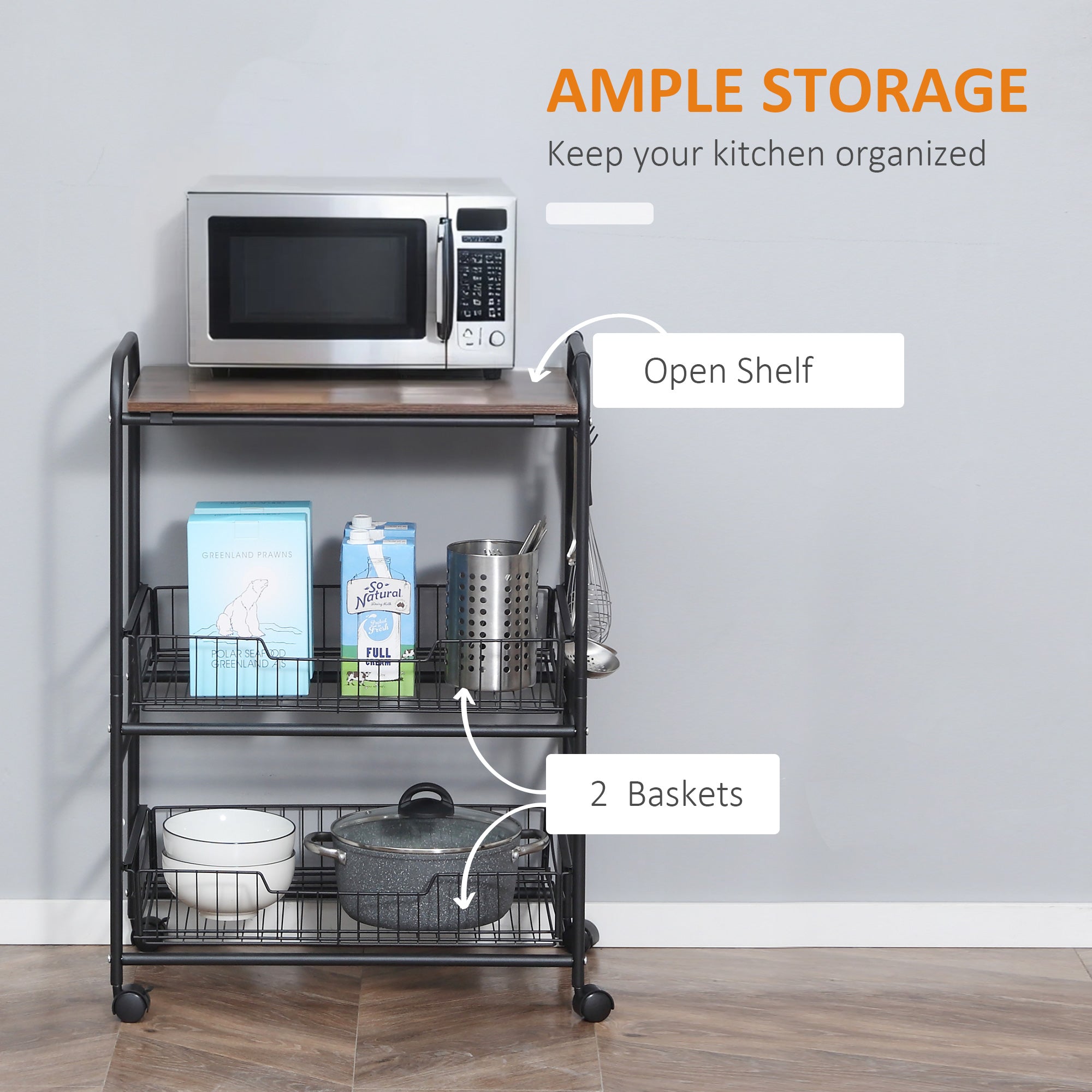 3-Tier Rolling Kitchen Cart with Storage view 3 for kitchen organization and cabinet storage