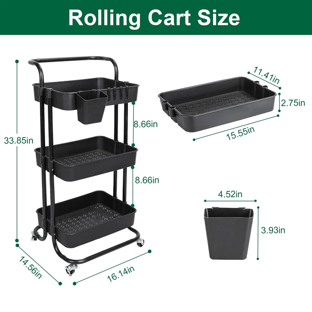 3-Tier Rolling Storage Cart - Mesh Baskets and Lockable Wheels view 2 for pantry food storage and kitchen organization