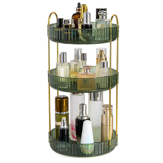 Green three-tier makeup organizer with gold-tone supports