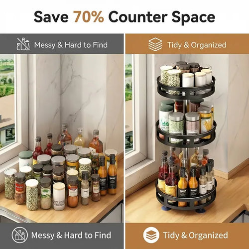 3-Tier Rotating Spice Rack - 360° Carbon Steel view 2 for kitchen organization and cabinet storage