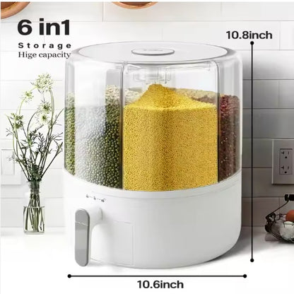 6-in-1 Rotating Grain Storage Dispenser – 360° Rice & Cereal Organizer with Anti-Spill Design-SROYAS -Color:White