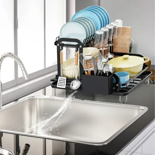 2-Tier Dish Drying Rack with Drainboard, Utensil Holder, Black-SROYAS 