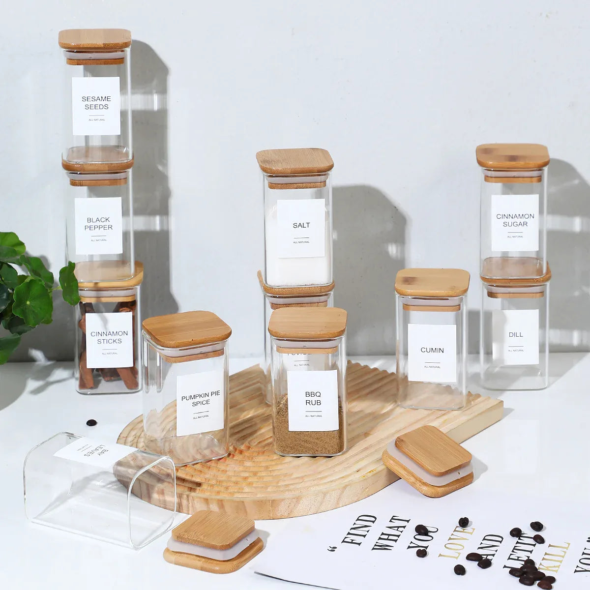 12-Piece Square Spice Jar Set with 72 Labels | Glass Kitchen Seasoning Organizer-SROYAS 