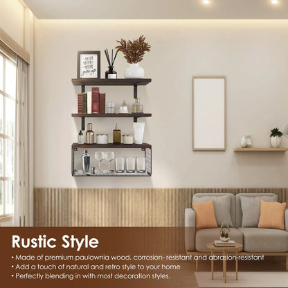 Rustic Floating Shelves with Iron Storage Basket | 3 Wood Shelves + Basket Wall Organizer-SROYAS 