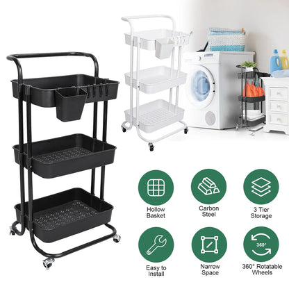 3-Tier Rolling Storage Cart – Mesh Baskets & Lockable Wheels-SROYAS 
