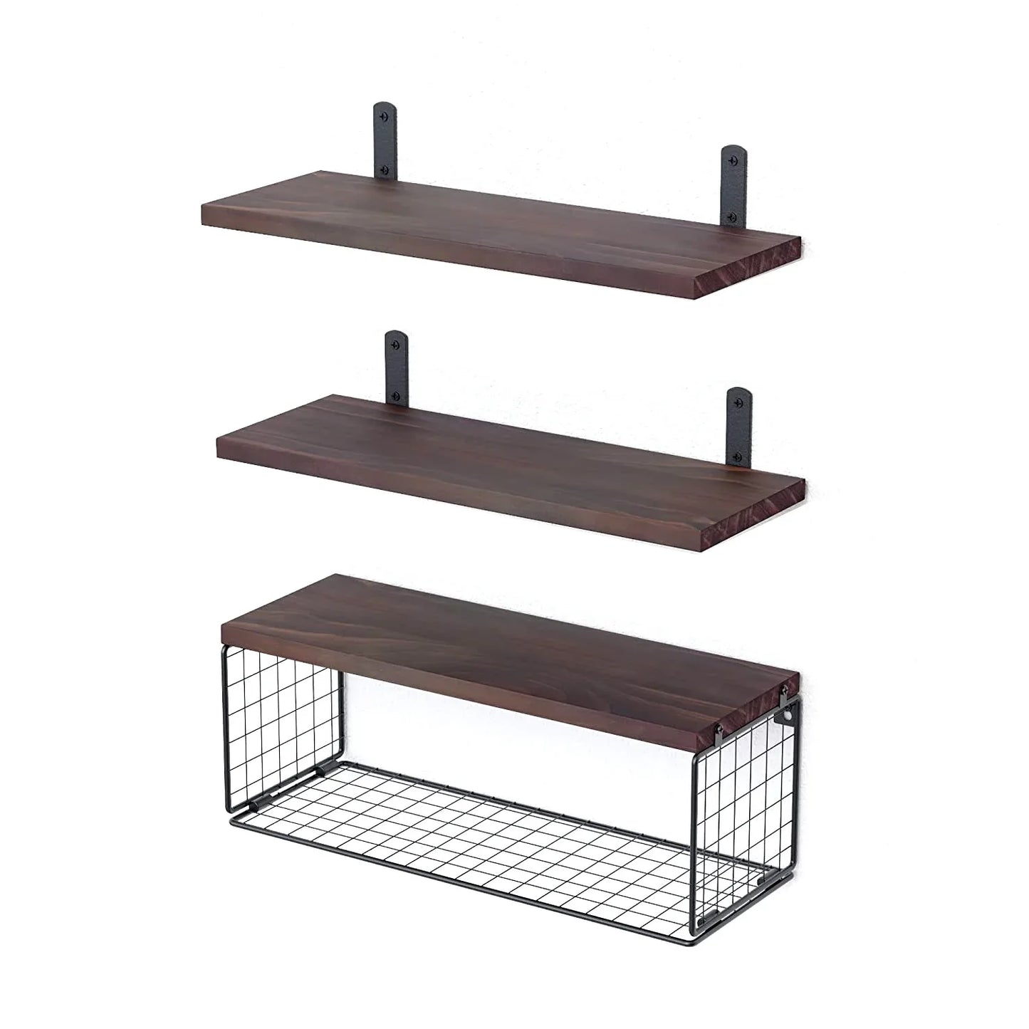 Rustic Floating Shelves with Iron Storage Basket | 3 Wood Shelves + Basket Wall Organizer-SROYAS 