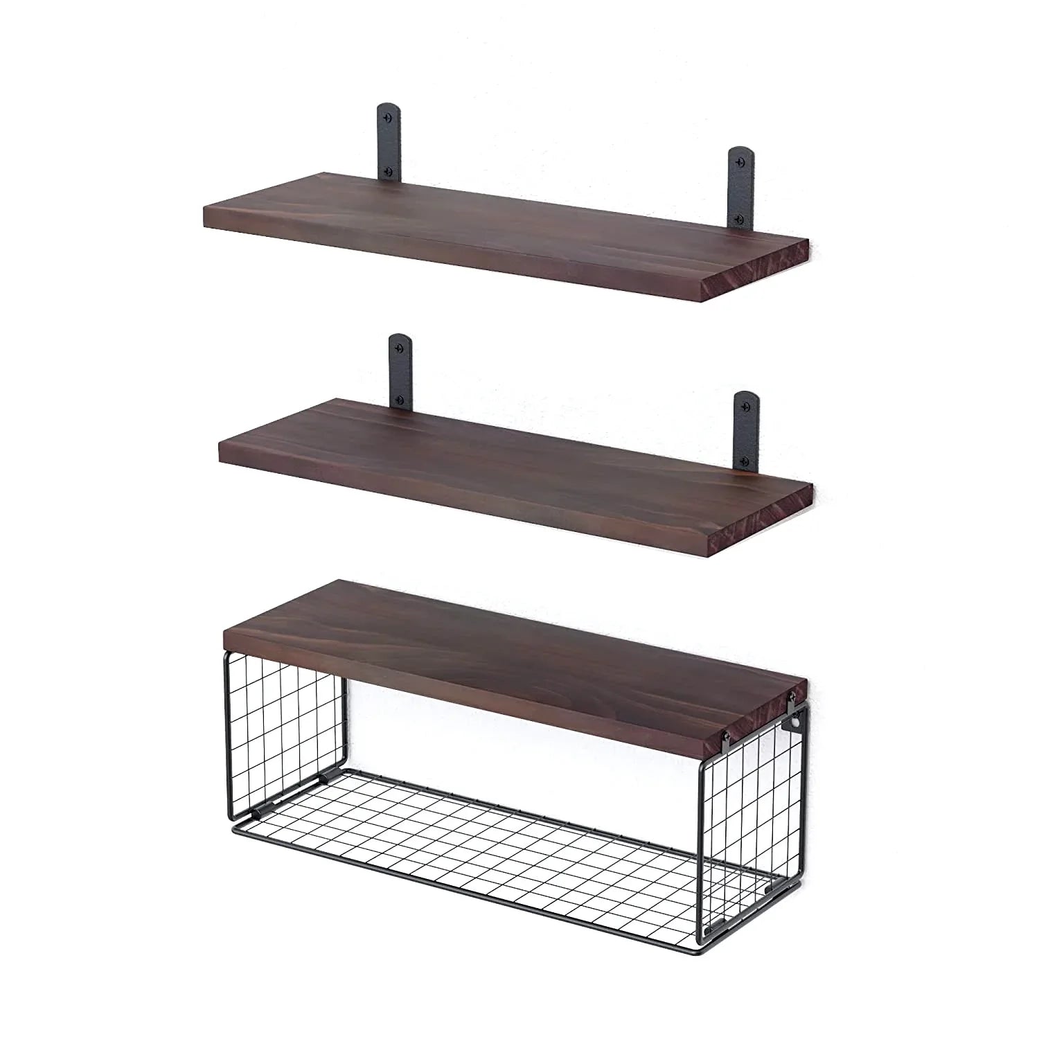 Rustic Floating Shelves with Iron Storage Basket | 3 Wood Shelves + Basket Wall Organizer-SROYAS 