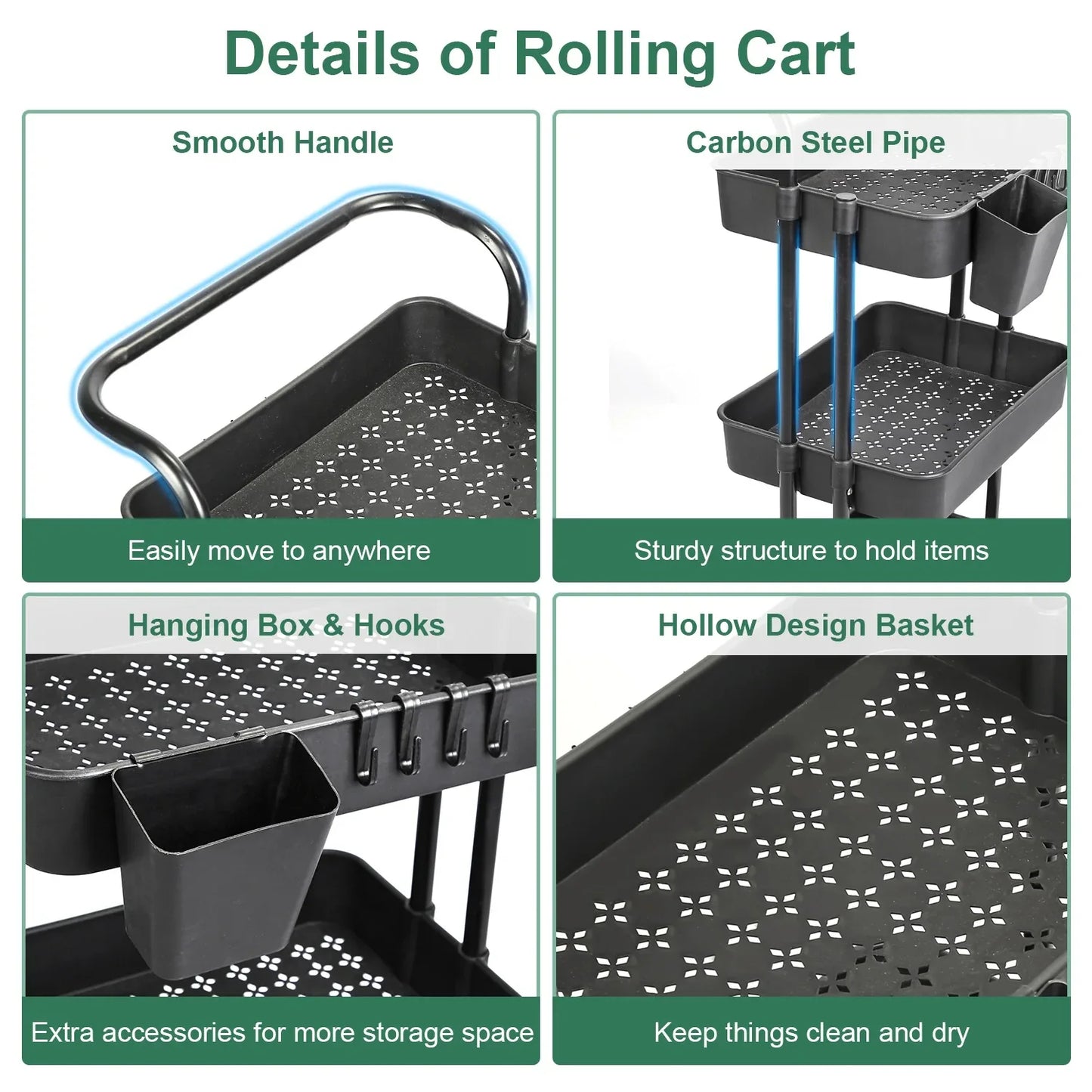 3-Tier Rolling Storage Cart – Mesh Baskets & Lockable Wheels-SROYAS 