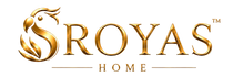 The Sroyas Home logo is displayed on a solid white background. The logo features a stylized golden 'S' with a rooster silhouette, followed by the word 'ROYAS' in a bold, metallic gold serif font, and 'HOME' centered below in a smaller, elegant font.