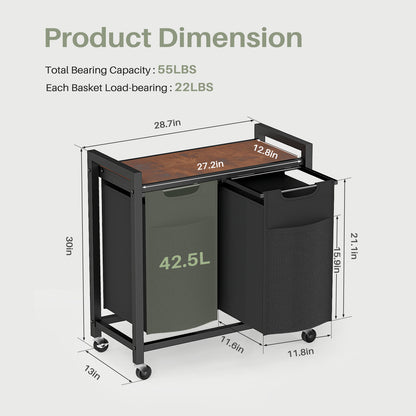 Laundry Hamper with Pull-Out Bags, Shelf and Wheels | 2 or 3 Basket Sorter for bathroom organization and vanity storage - SROYAS