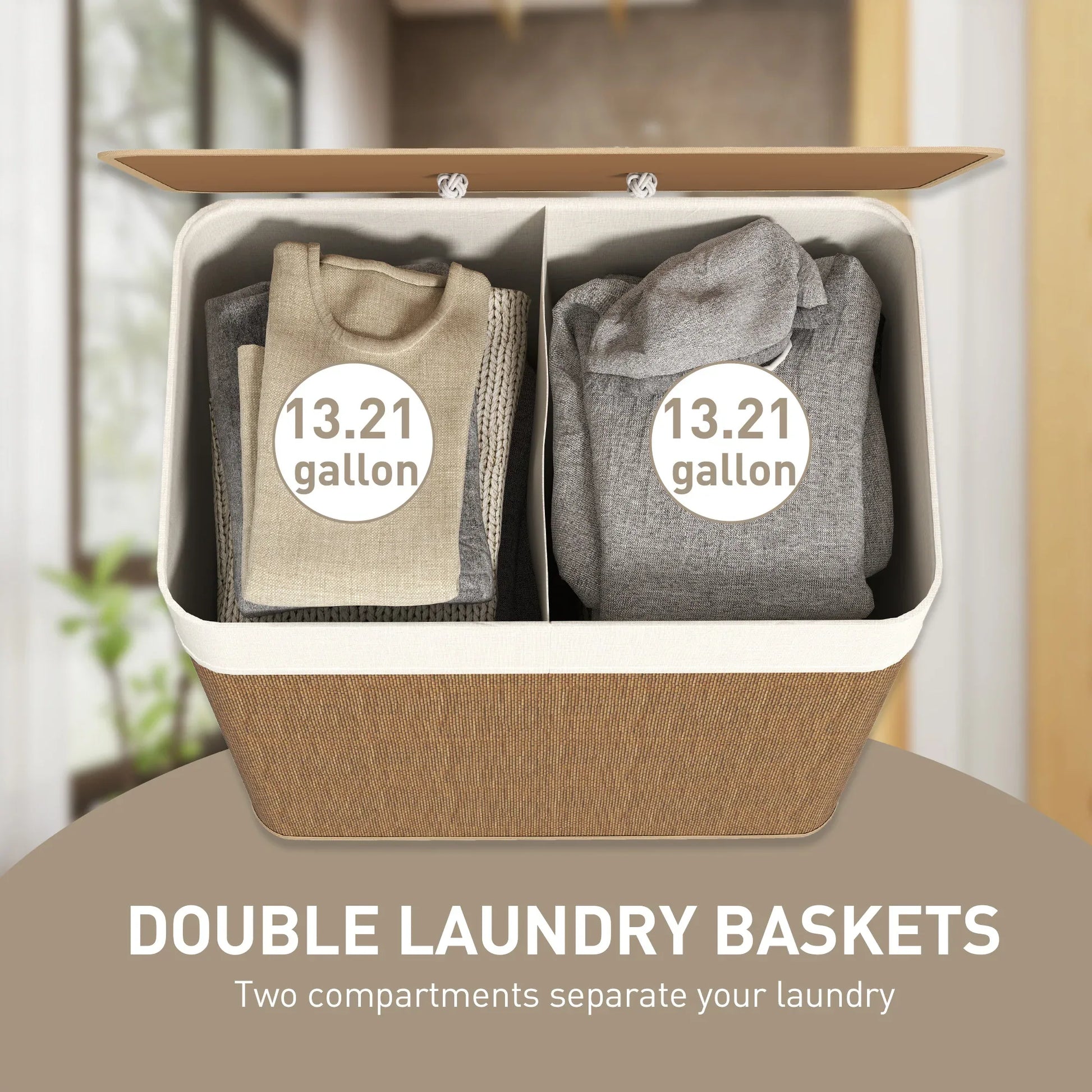Double Bamboo Laundry Hamper - 26.4 Gal with Lid and Liner for pantry food storage and kitchen organization - SROYAS