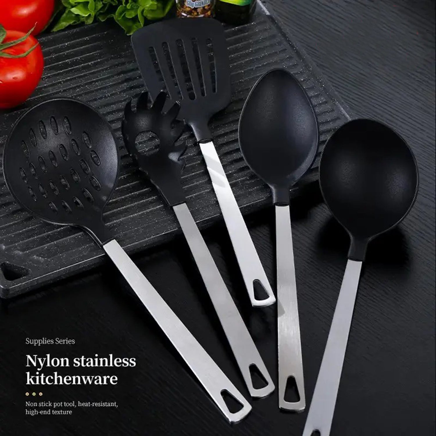 5-Piece Kitchen Utensil Set | Stainless Steel and Nylon, Heat-Resistant for kitchen organization and cabinet storage