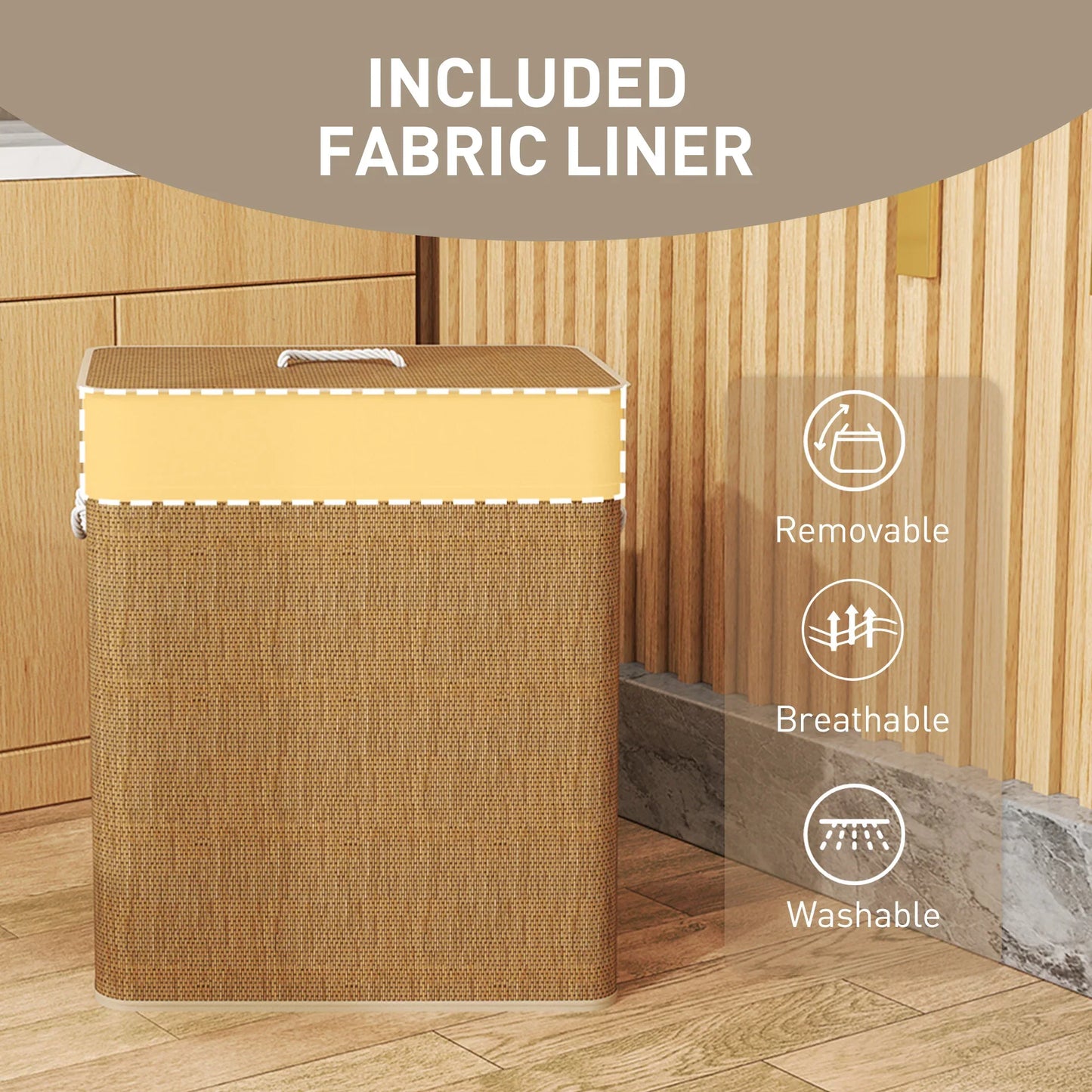 Double Bamboo Laundry Hamper - 26.4 Gal with Lid and Liner for pantry food storage and kitchen organization - SROYAS